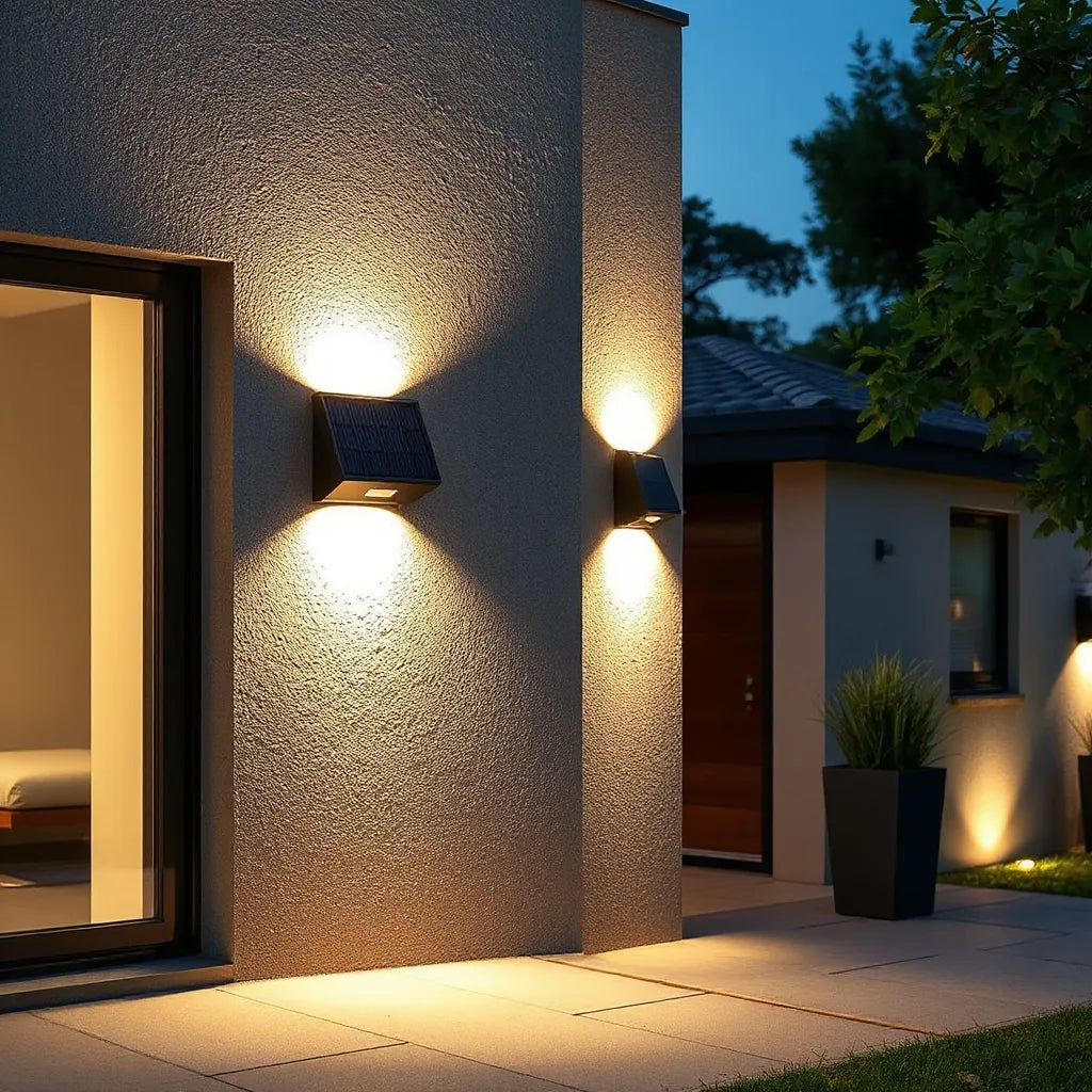 LED solar wall light fixtures mounted on a modern exterior wall at dusk