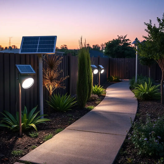 ألواح ومصابيح شمسية خارجية تنير ممر الحديقة عند الغروب بشكل دافئ