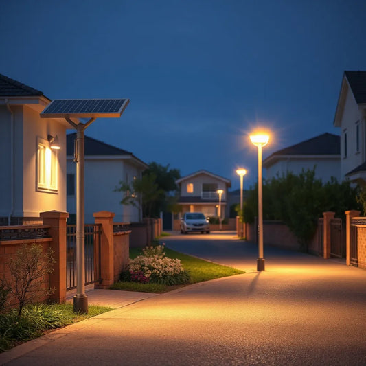 أضواء شوارع تعمل بالطاقة الشمسية تضيء ممرًا في المساء مع أضواء LED دافئة وبطاريات مرئية أعلى الأعمدة